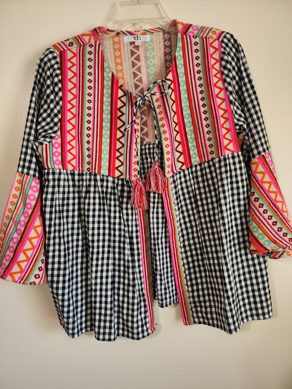 Colorful Embroidered Gingham Peasant Top